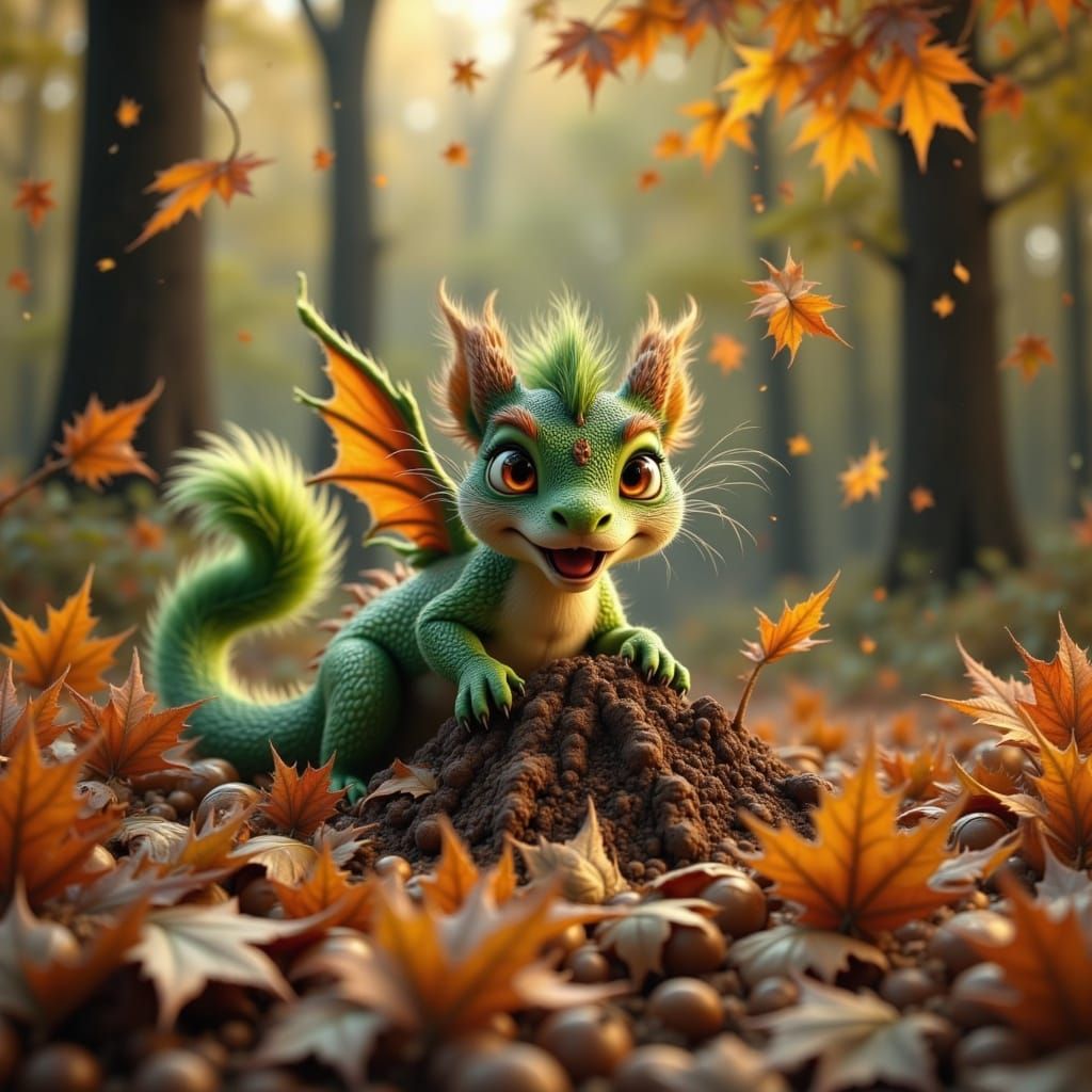 Emerald Dragon Squirrel Playing in Autumn Leaves