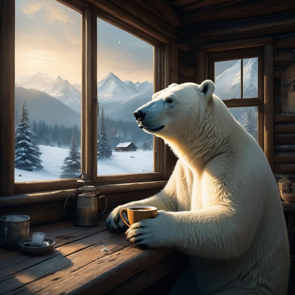 Polar Bear Coffee Break in Cozy Log Cabin