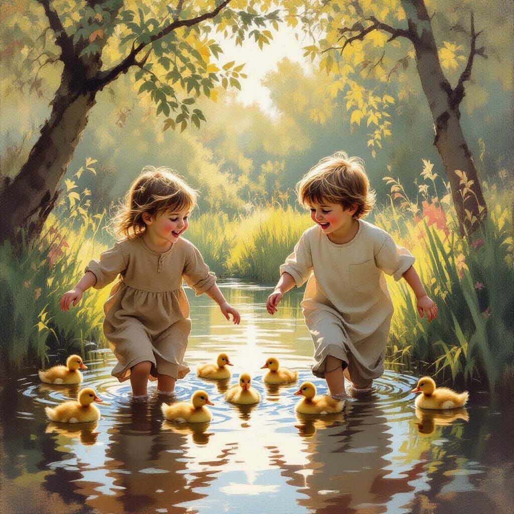 Children Playing by Pond with Ducks in Rembrandt Style