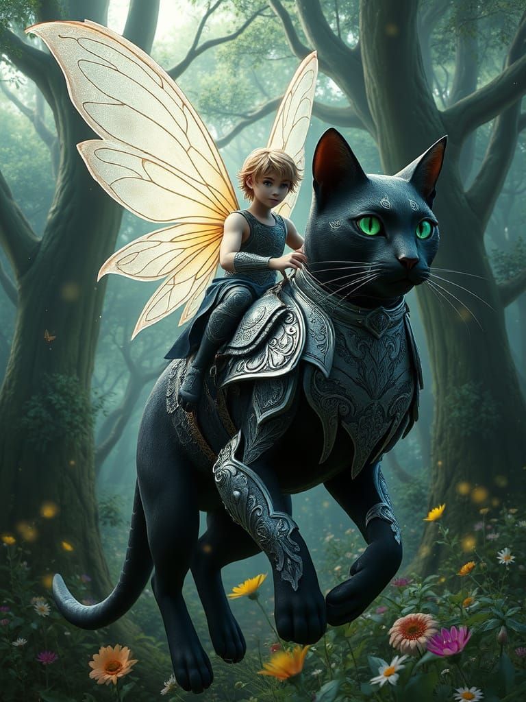 Majestic Fairy and Warrior Cat in Whimsical Fairytale Forest
