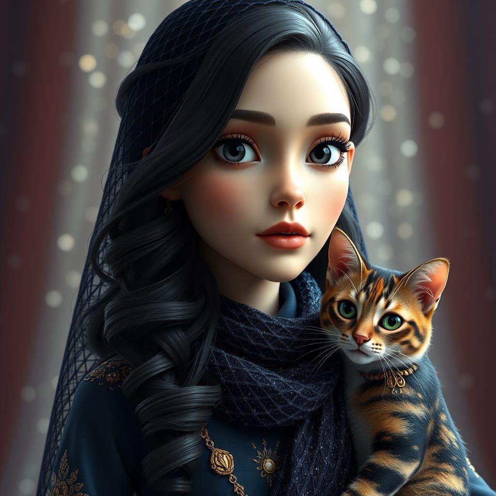 Beautiful Woman with Cat in Cinematic 3D Style