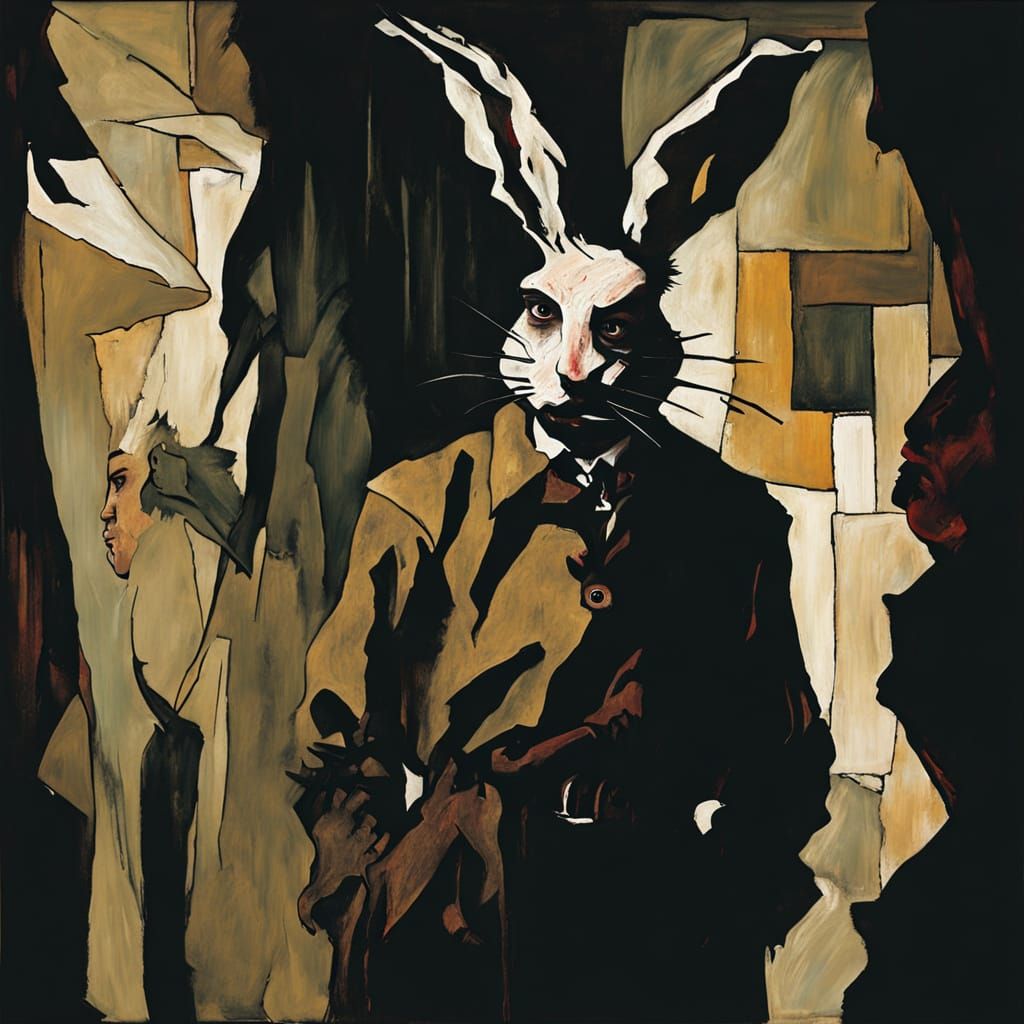 Troubled Figure with Rabbit and Knife in Expressionist Style
