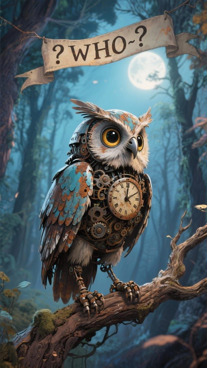 Clockwork Owl in Moonlit Forest Storybook Illustration