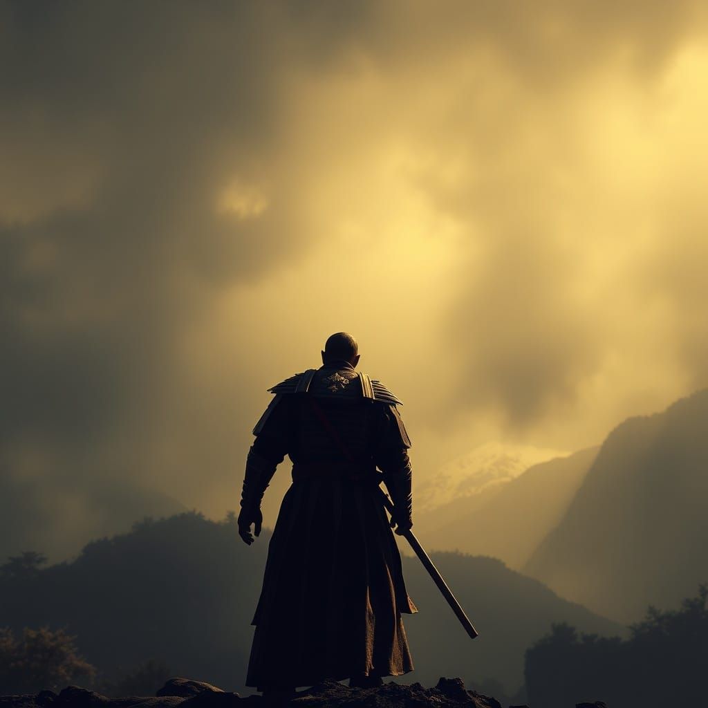 Lone Samurai in Dramatic Lighting, Epic Japanese Landscape