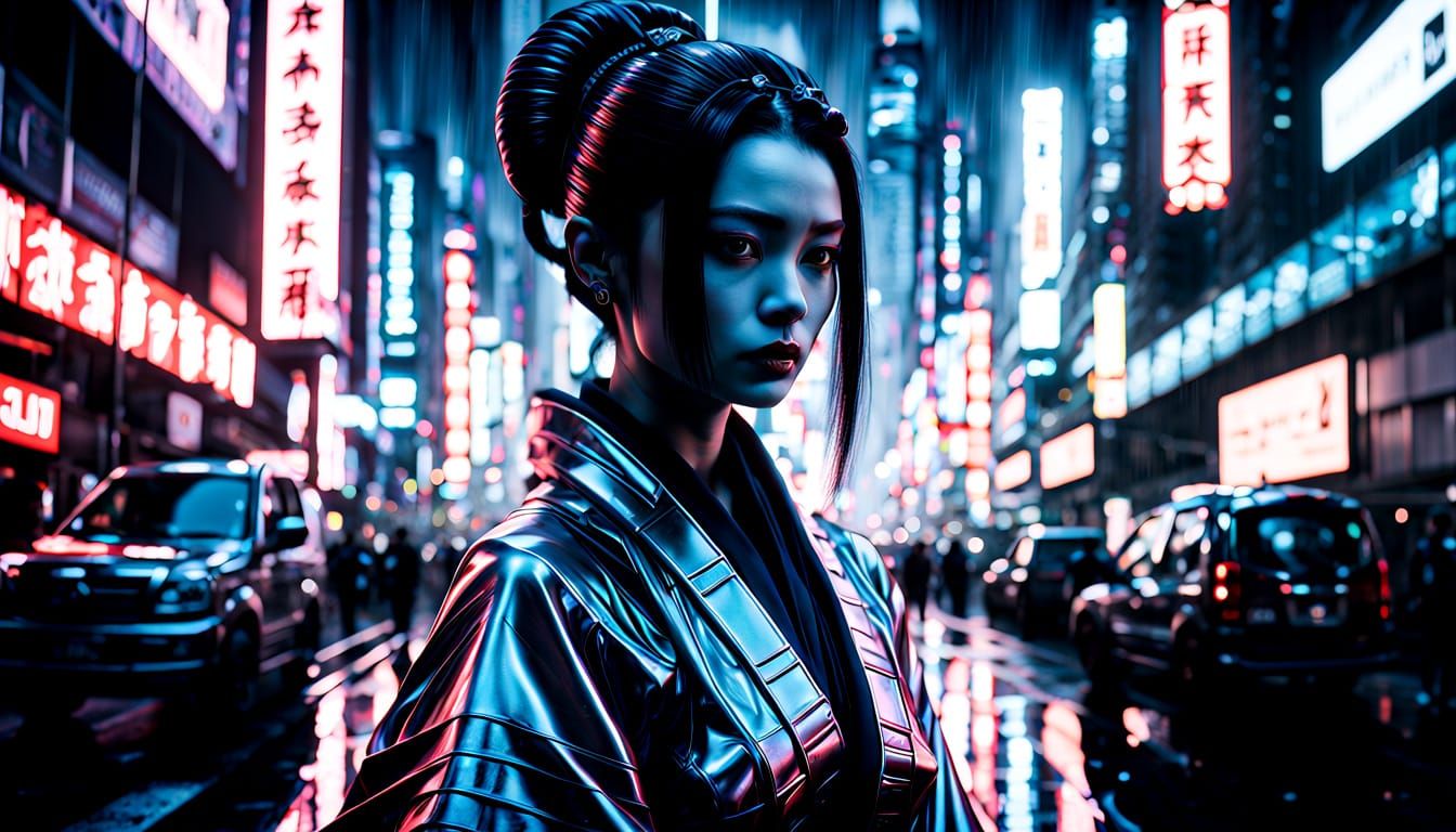 Geisha on Neon Street in Futuristic Tokyo
