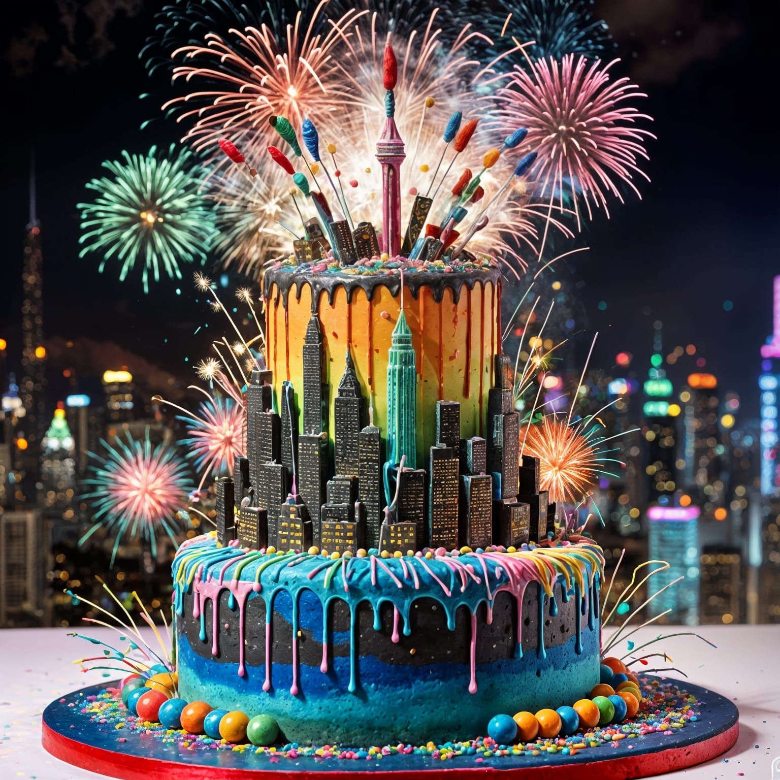 Ultra-Detailed Cake Sculpture with Cityscape and Fireworks