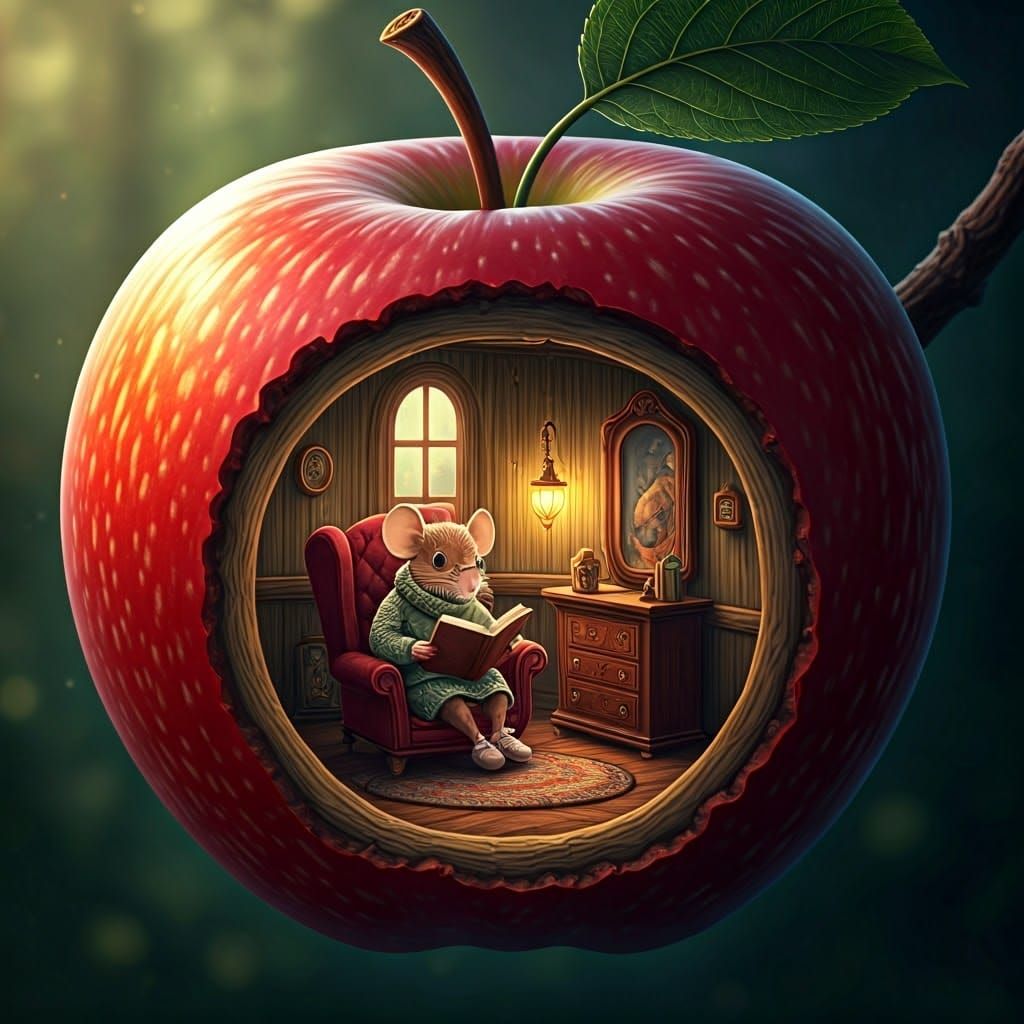 Cozy Apple Parlor with Whimsical Mouse Reader