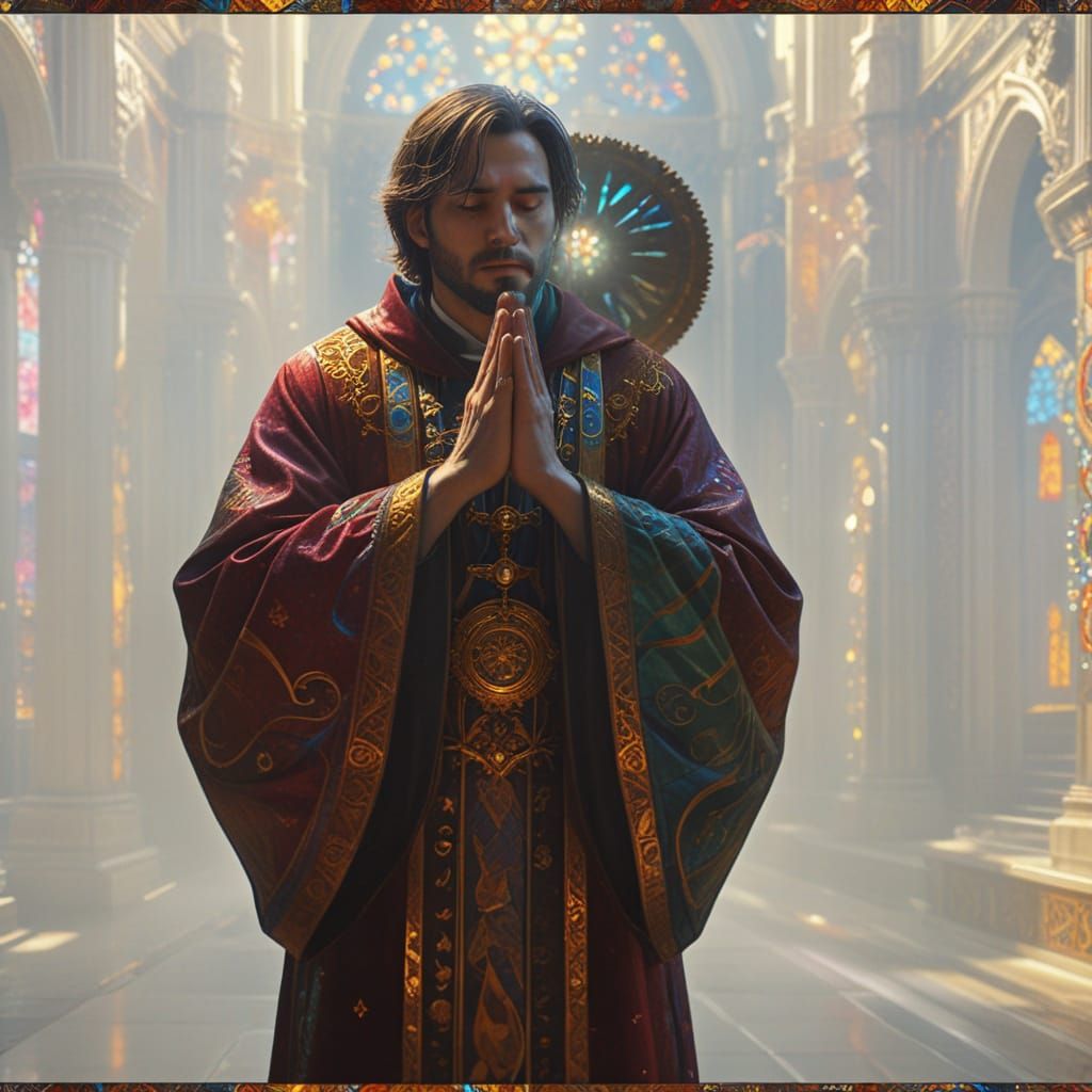 Majestic Fantasy Priest in a Vibrant Cathedral