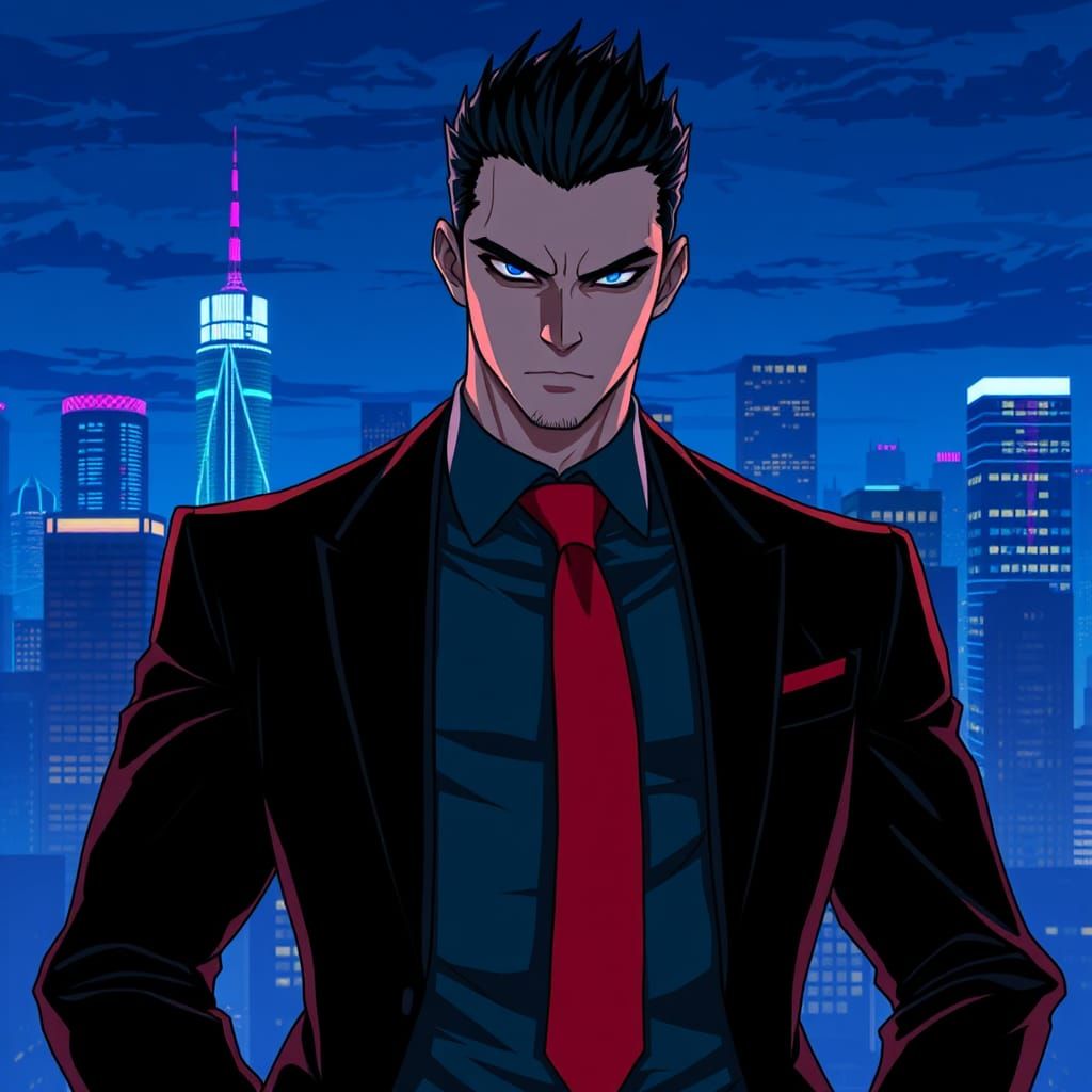 Mister Nightmare in Electric Blue Cityscape, Anime Style