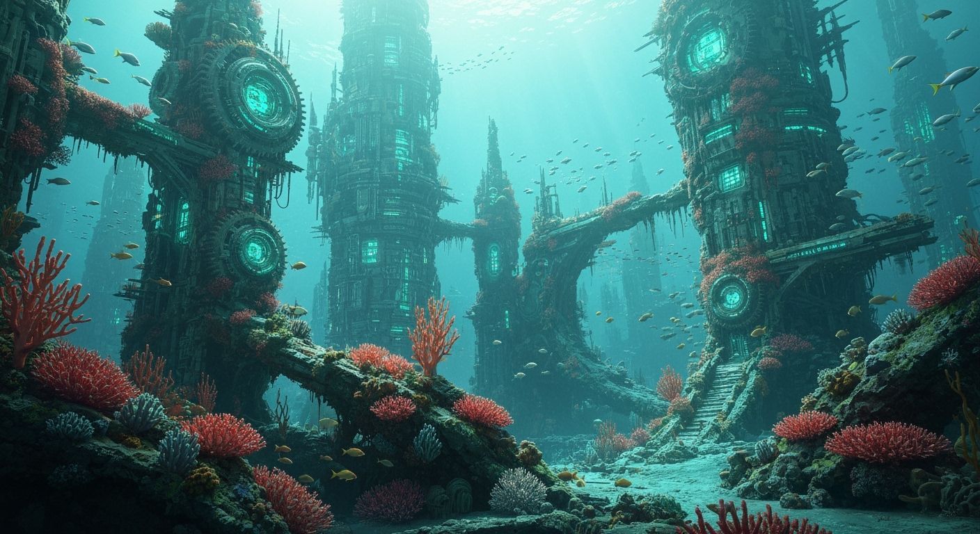Mythical Underwater City Ruins in Ethereal Light