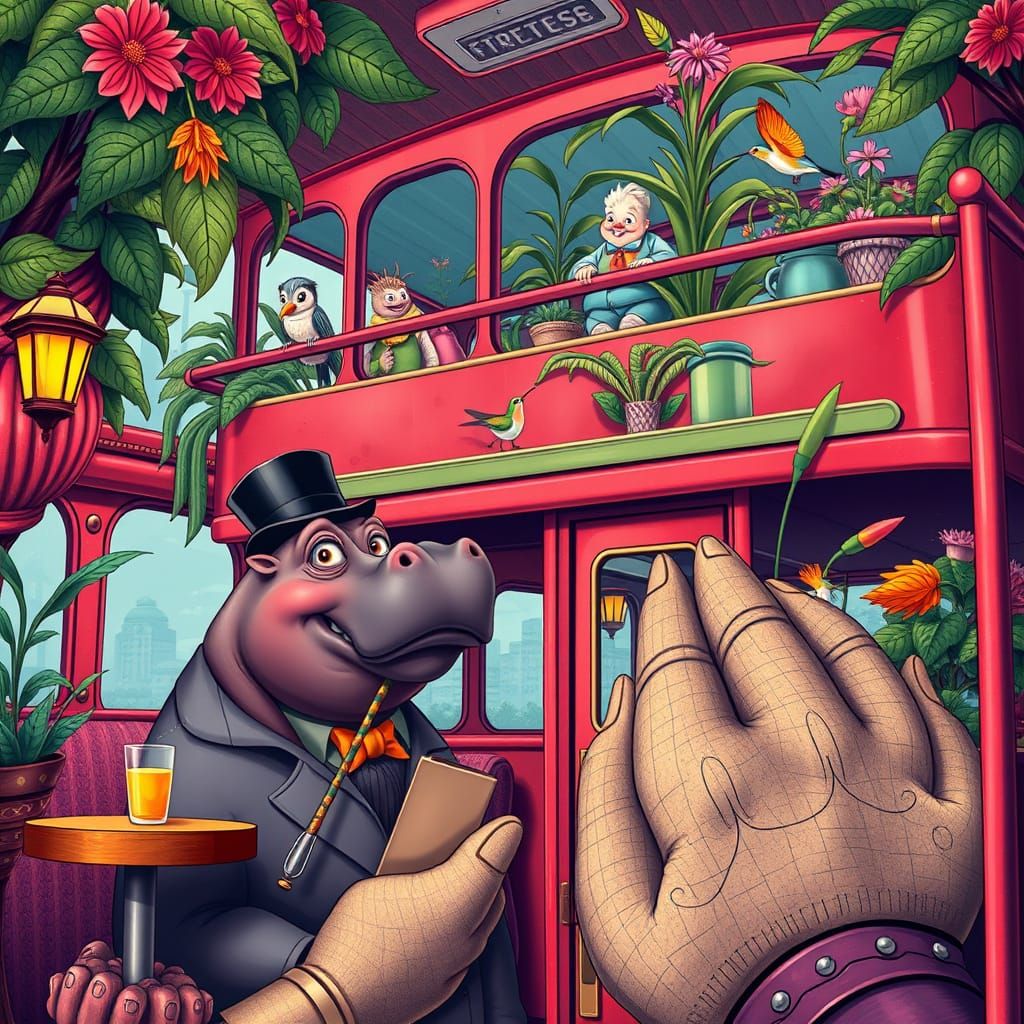 Whimsical 1950s Double-Decker Bus with Animal Cafe