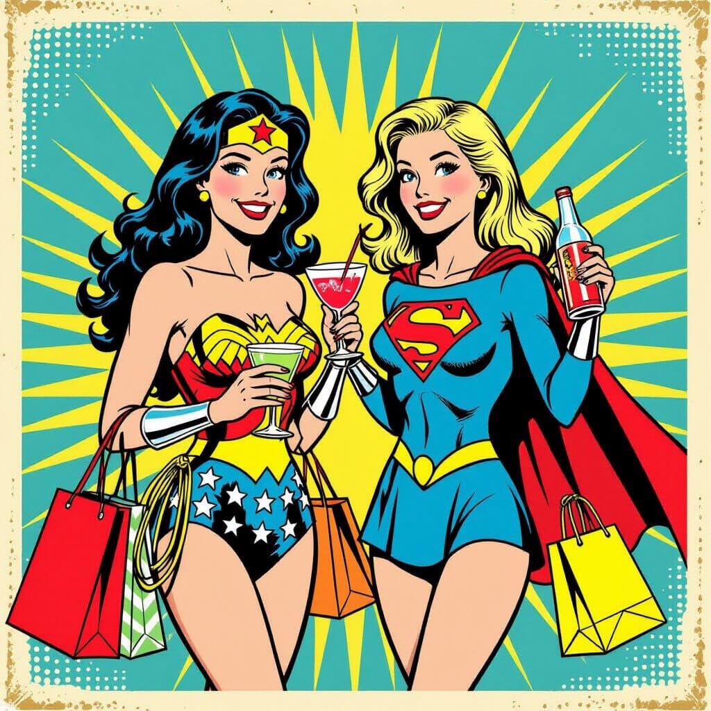 Wonder Woman & Supergirl Shopping & Drinking Retro Comic Art