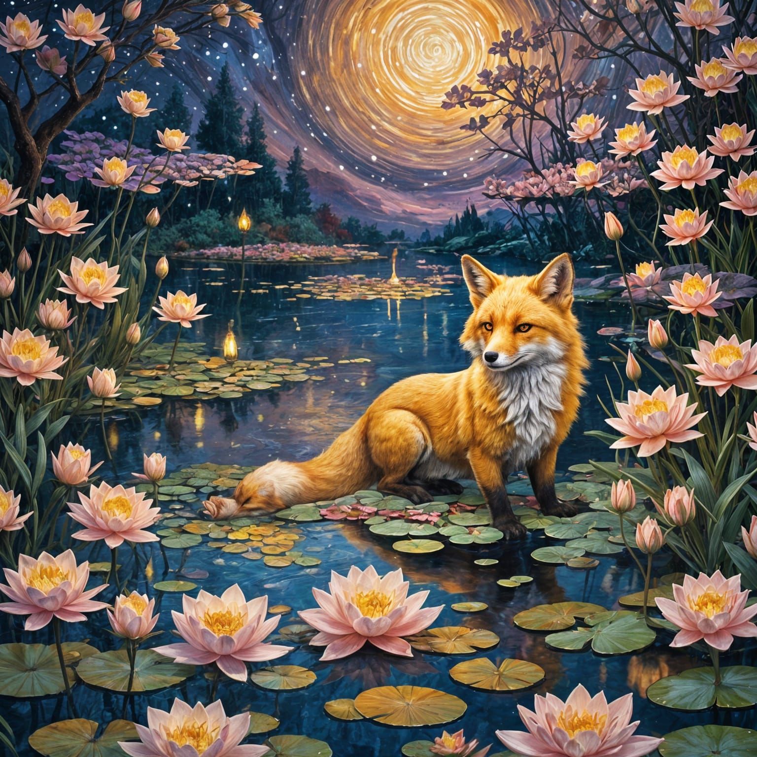 Golden Fox in Lily Pond: Starry Night Painting