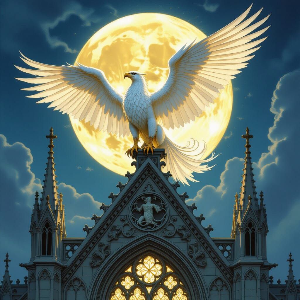 Gold and White Griffin on Gothic Cathedral by Moonlight