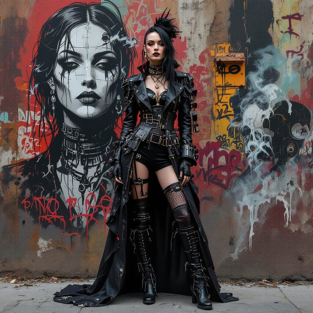 Cyber Goth Model Against Street Art Mural