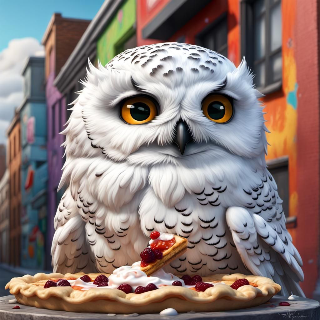 Chef Snowy Owl Enjoys Pie: Photorealistic Graffiti Art