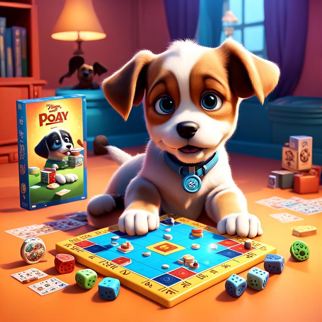 Puppy Plays Board Game: Pixar-Style 3D Render