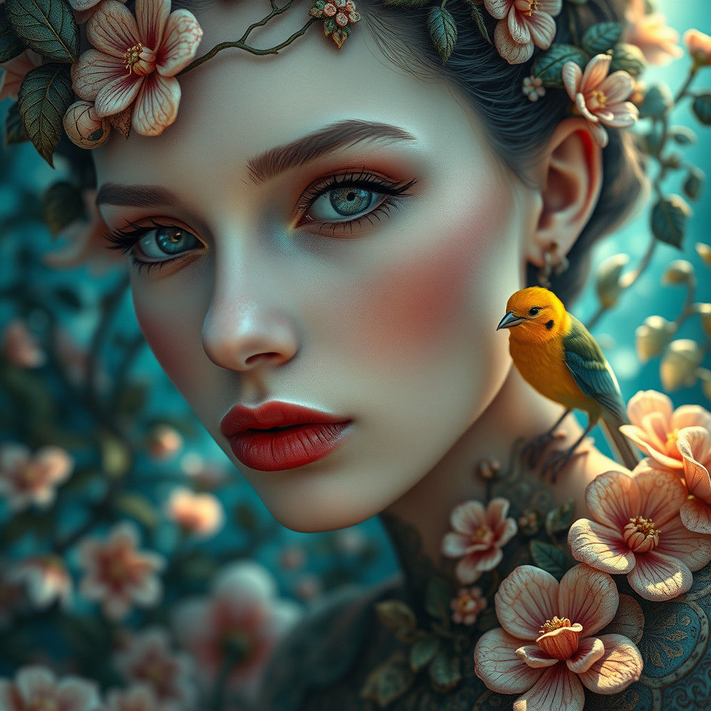 Dreamlike Woman with Flowers, in Expressionist Style