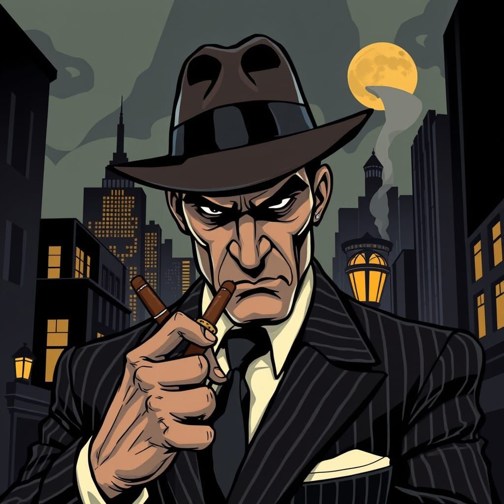 Classic Gangster in Noir Cityscape