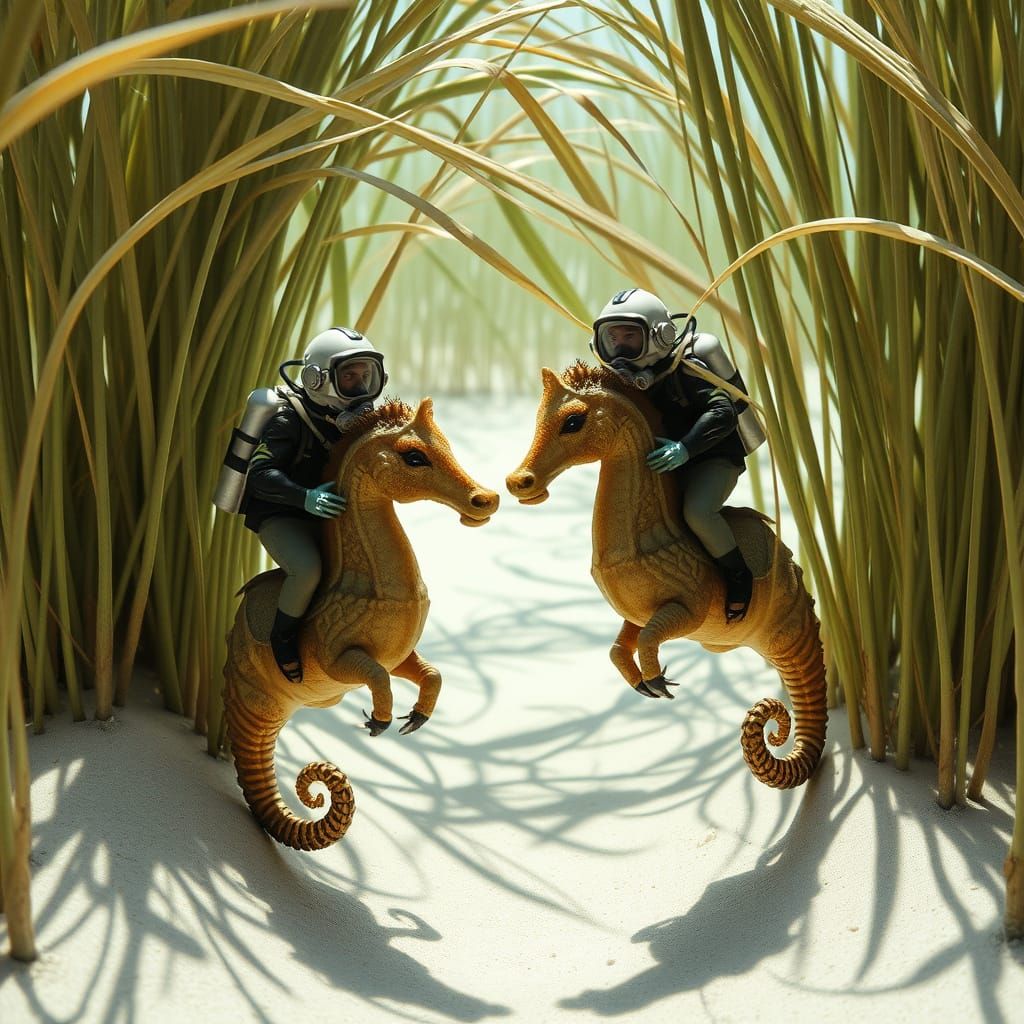 Miniature Divers Ride Seahorses in Sunny Sea