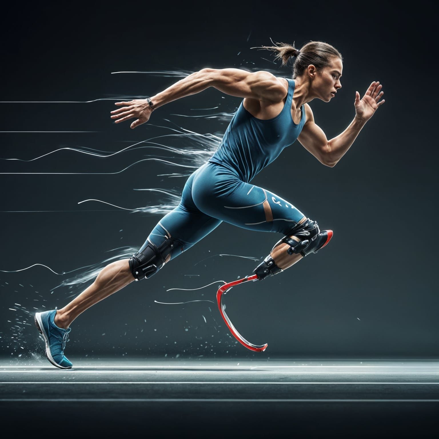 Futuristic Runner with Prosthetic Legs in Motion