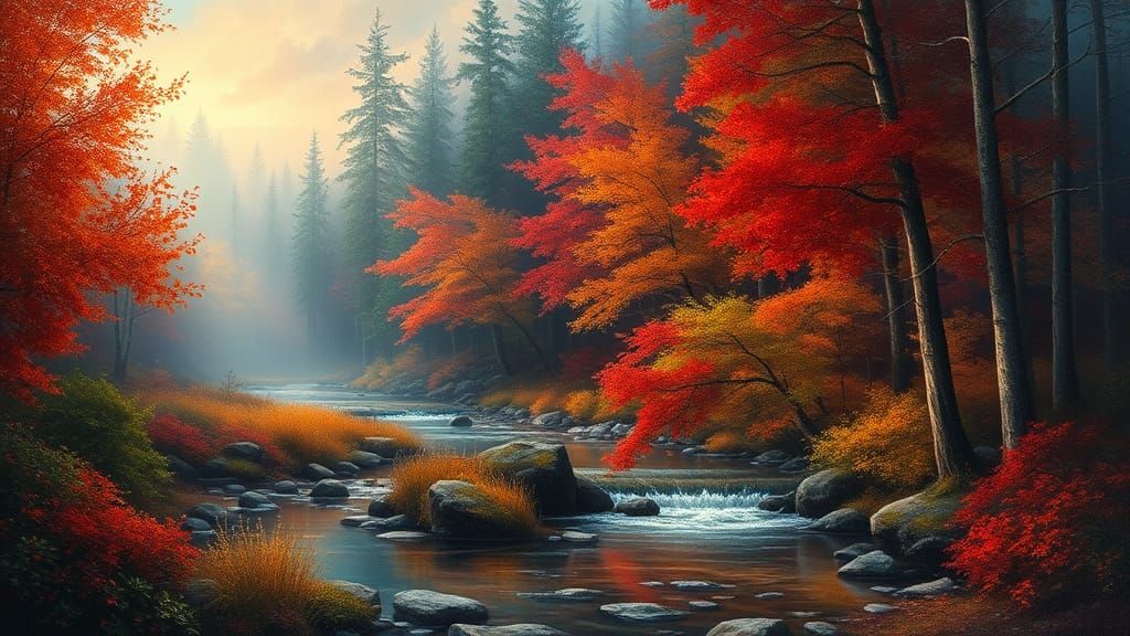 Fantasy Forest Stream Painting in Kinkade Style