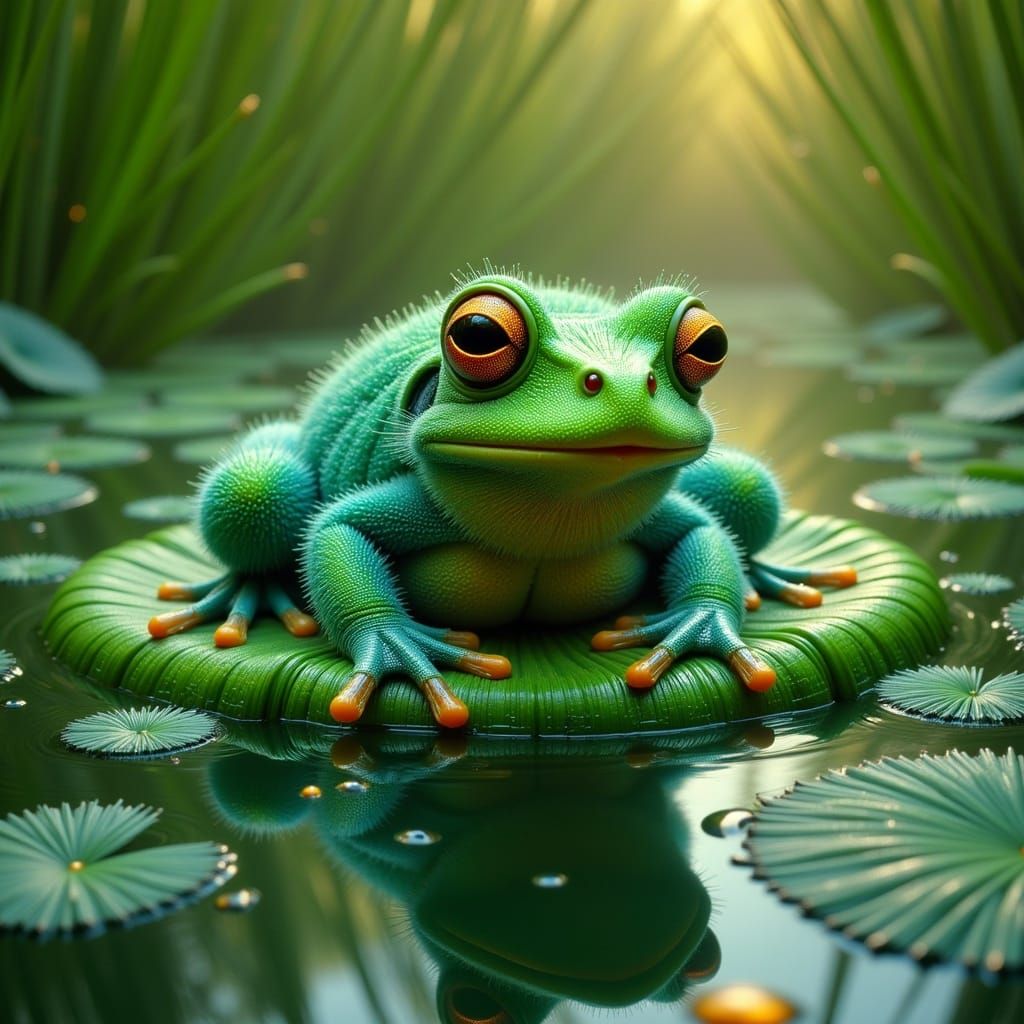Emerald Frog on Leaf in Impressionistic Style