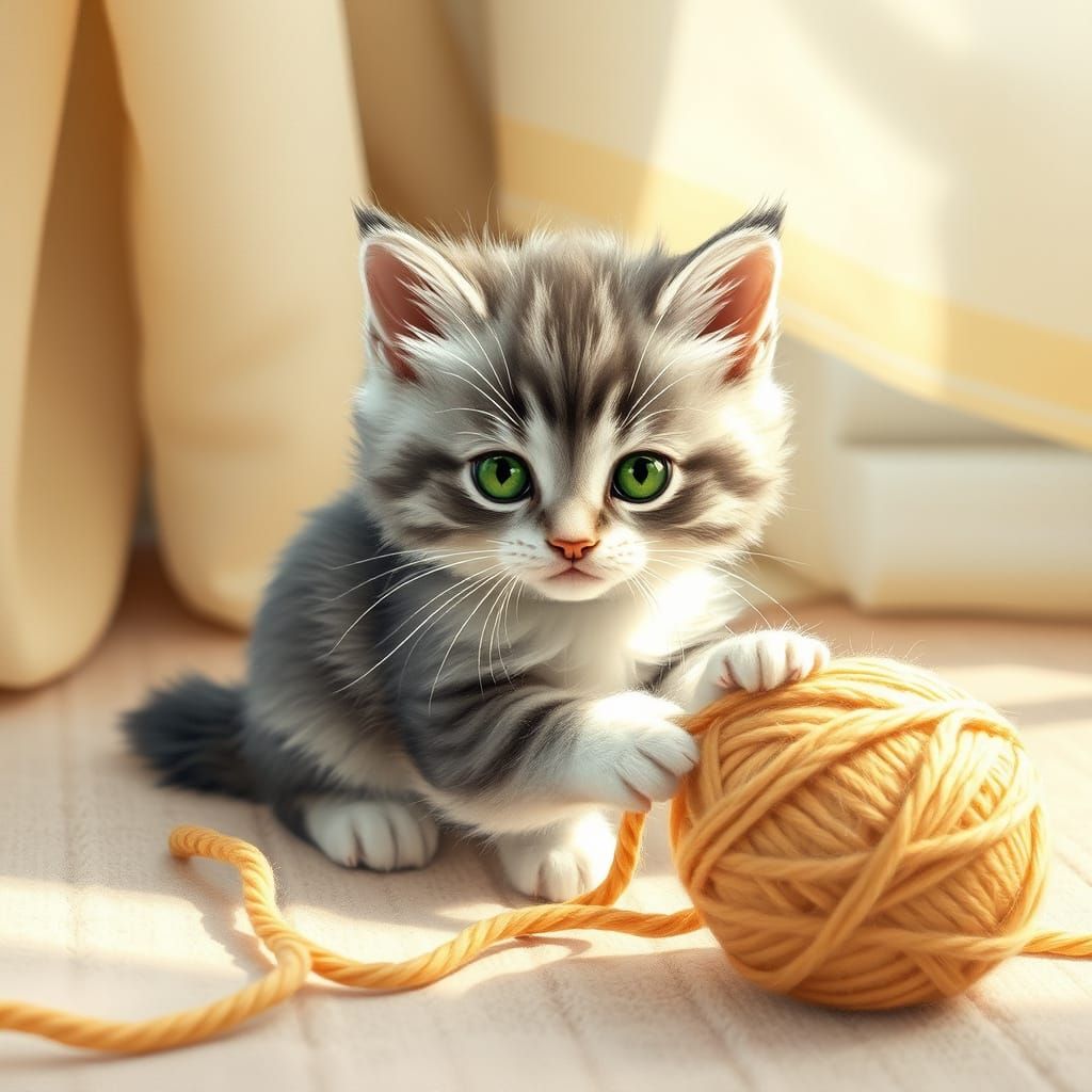 Whimsical Kitten Plays with Yarn in Cozy Sunlit Room