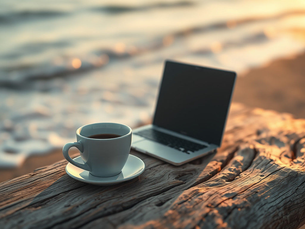 Beach Business: Coffee Cup and Laptop in Digital Art