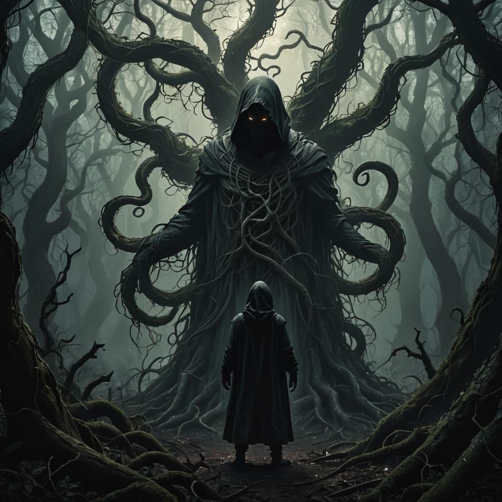 Eerie Forest Figure in Dark Surrealist Style