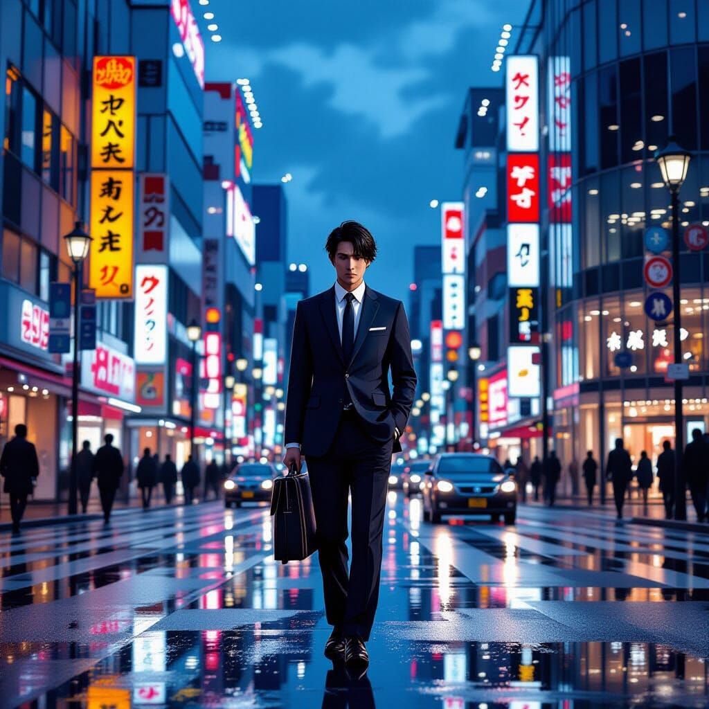 Tokyo Salaryman at Dusk in Nihonga Style