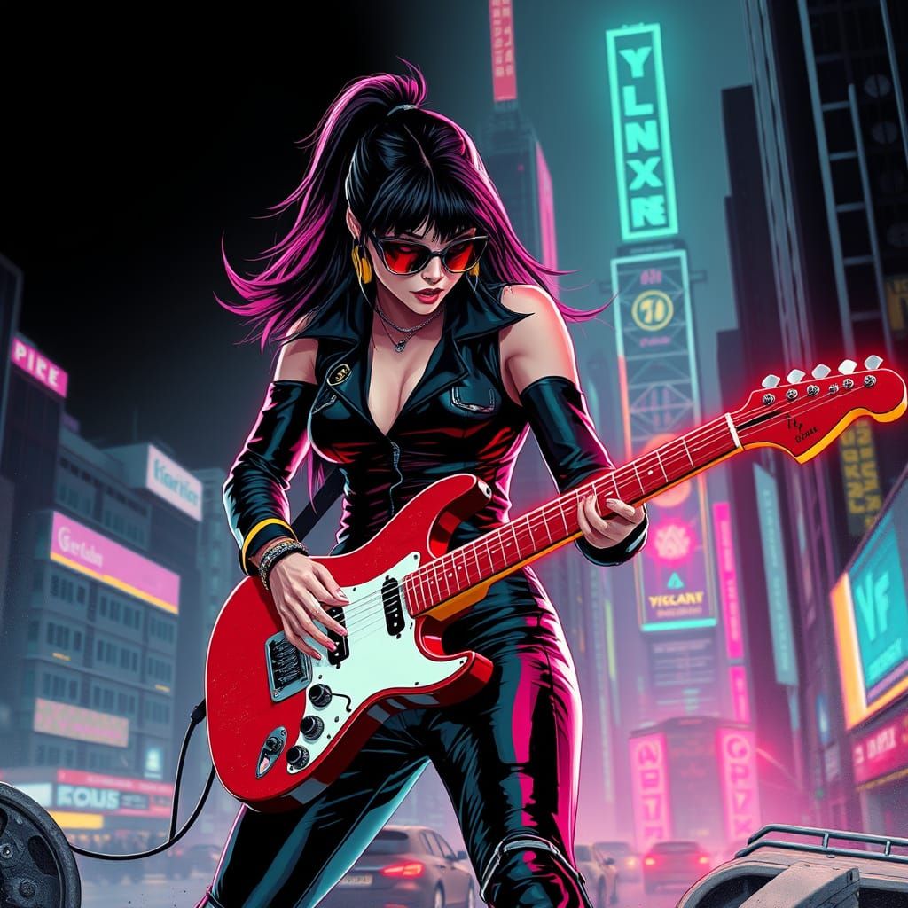 Cyberpunk Rockstar Shreds Guitar in Neon Cityscape