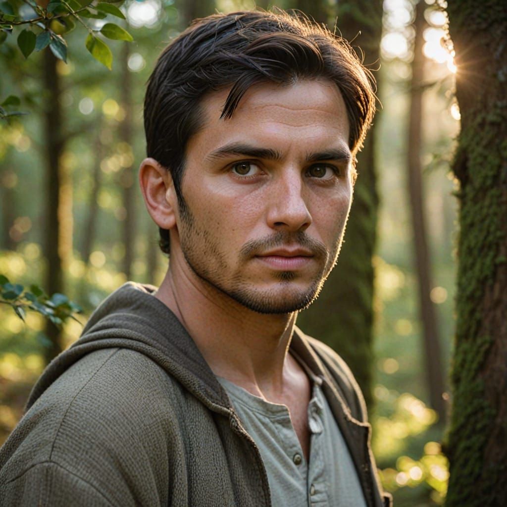 Confident Figure in Verdant Landscape