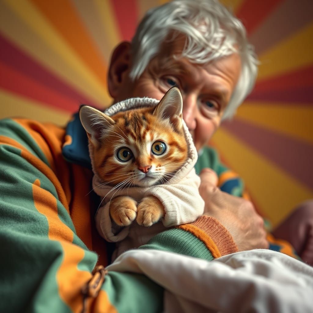 Elderly Man Cuddles Persian Cat in 3D Animation Style