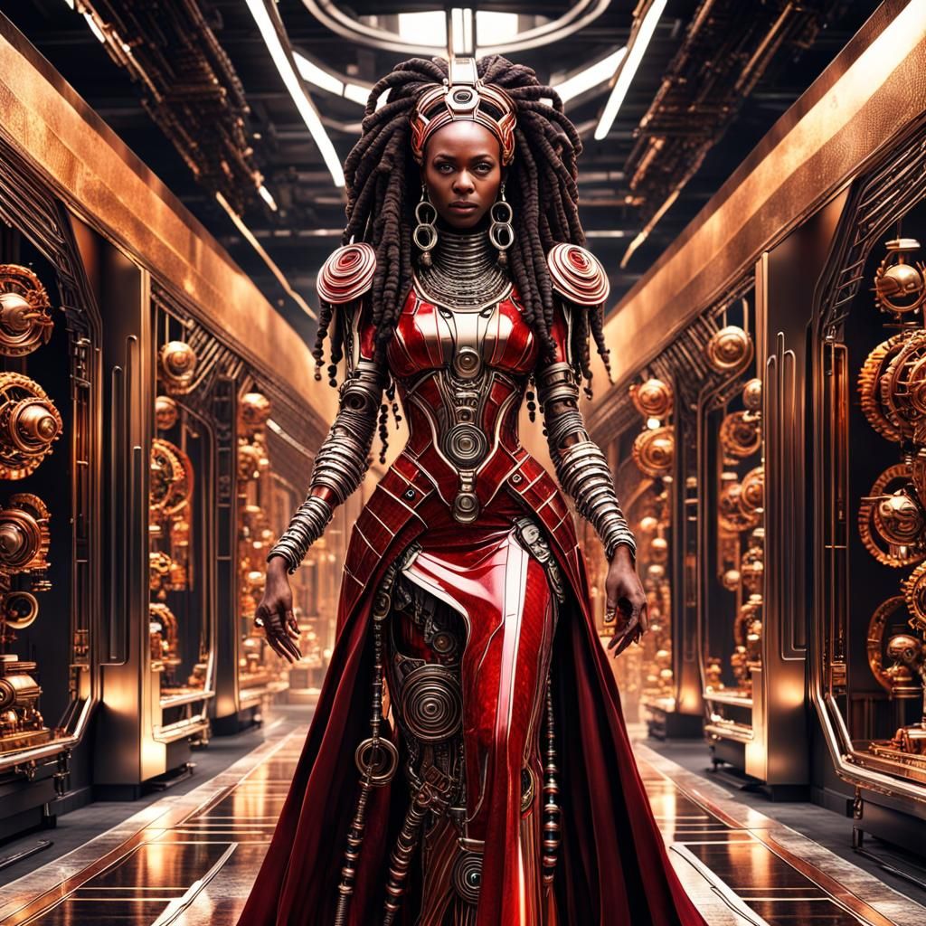 Biomechanical African Goddess Android in Sci-Fi Street Scene