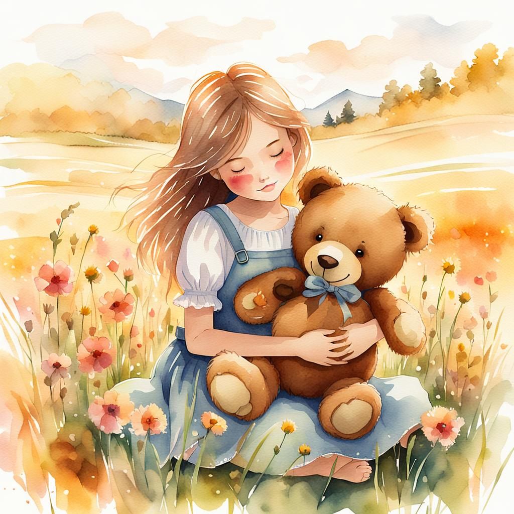 Girl and Teddy Bear in Watercolor Meadow