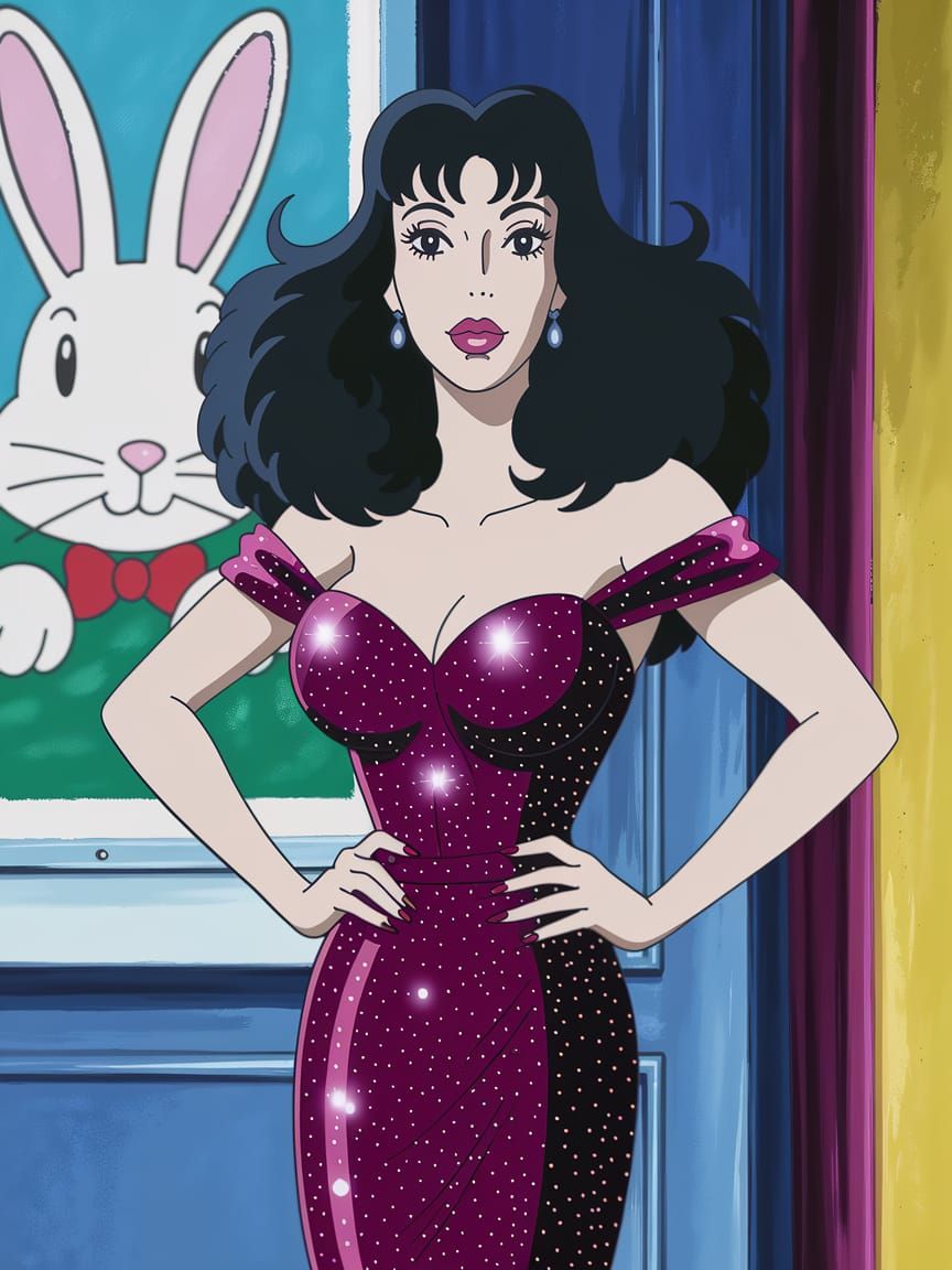 Glamorous 80s Pop Star in Sequined Dress with Whimsical Back...