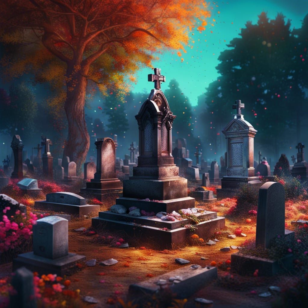 Colorful Cemetery Graves in Hyperrealistic Splash Art