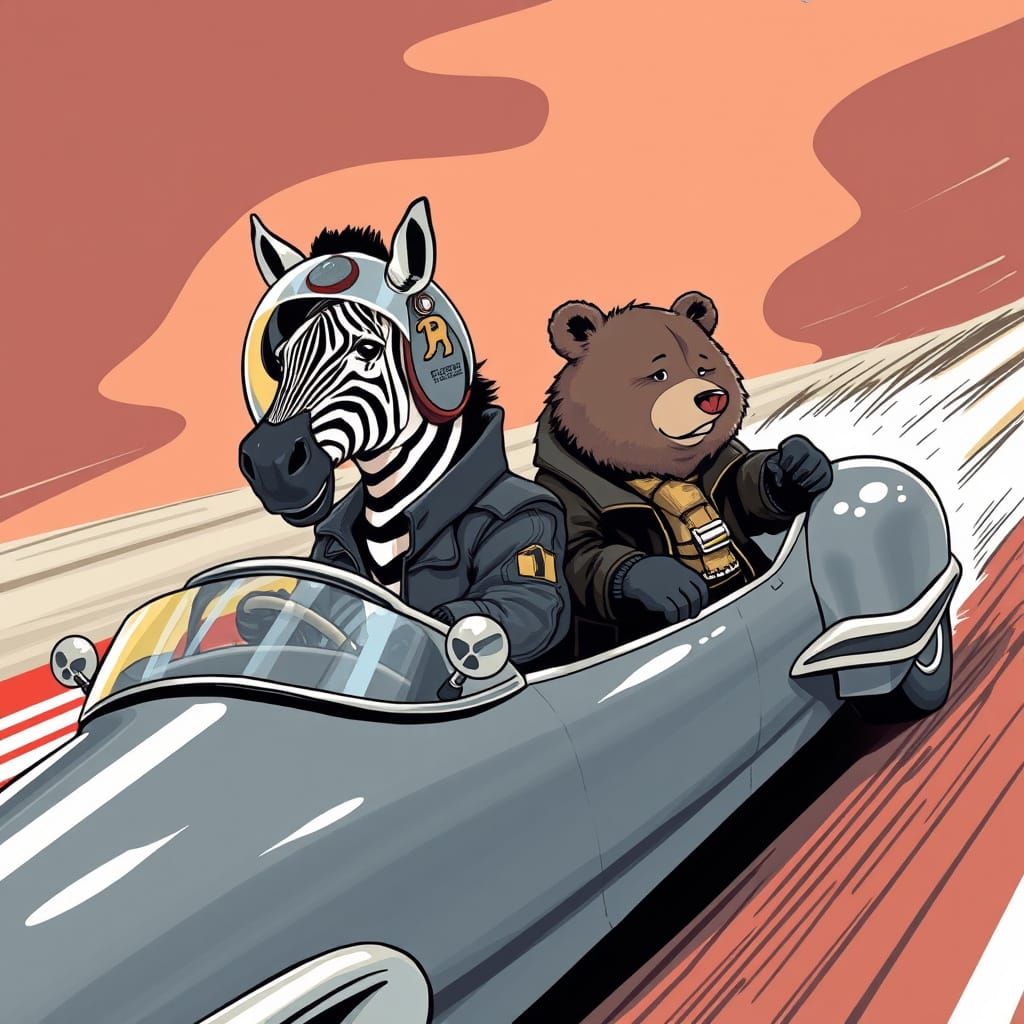 Zebra and Bear Race Car Illustration