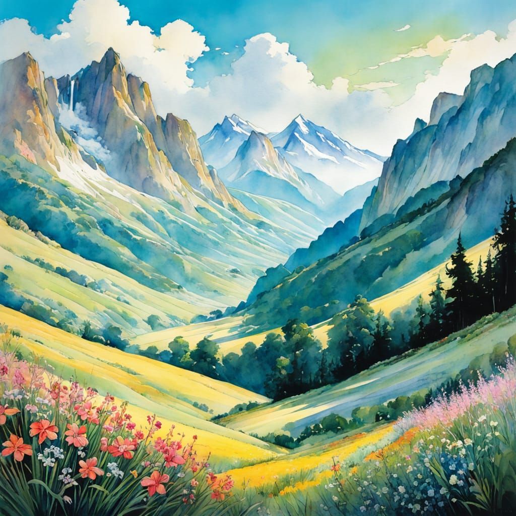 Colorful Mountain Valley Landscape in Manga Watercolor Style