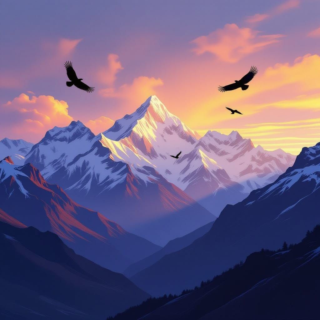 Condors Soar Over Snowy Andean Peaks at Golden Dawn