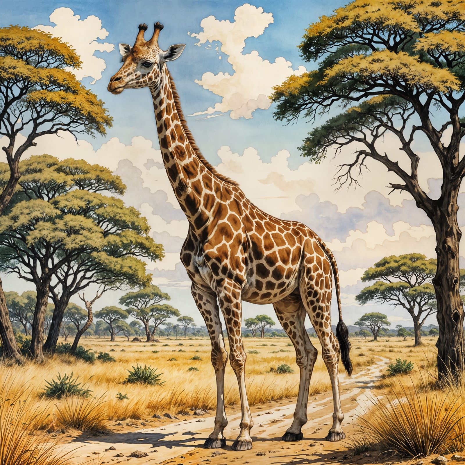 Majestic Giraffe Roams Savannah in Intricate Illustration