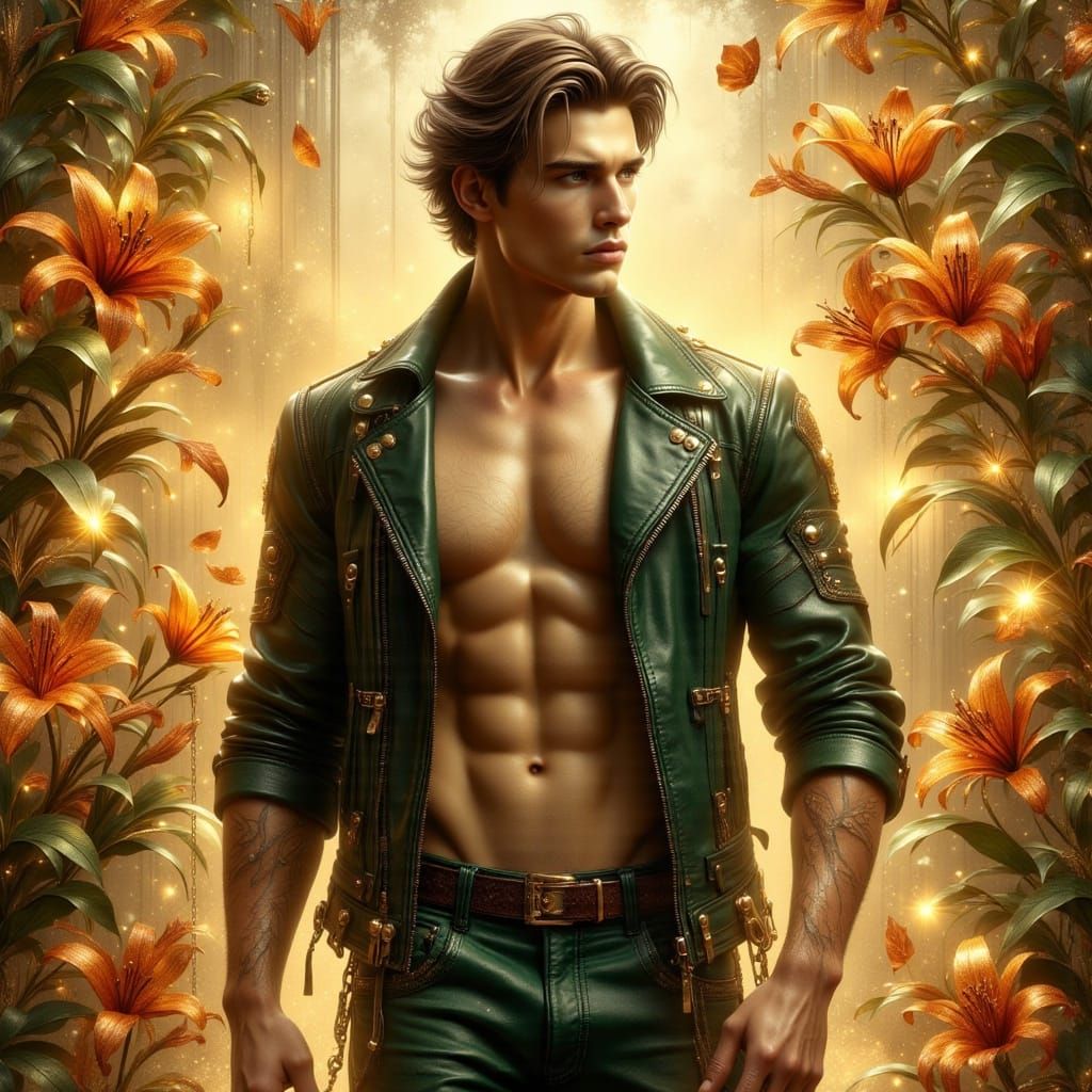 Muscular Man in Green Leather with Lilies, Art Nouveau Punk