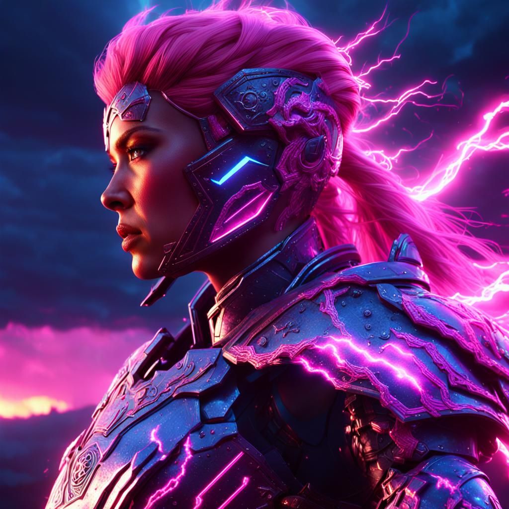 Powerful Armored Woman Emitting Pink Lightning in 3D