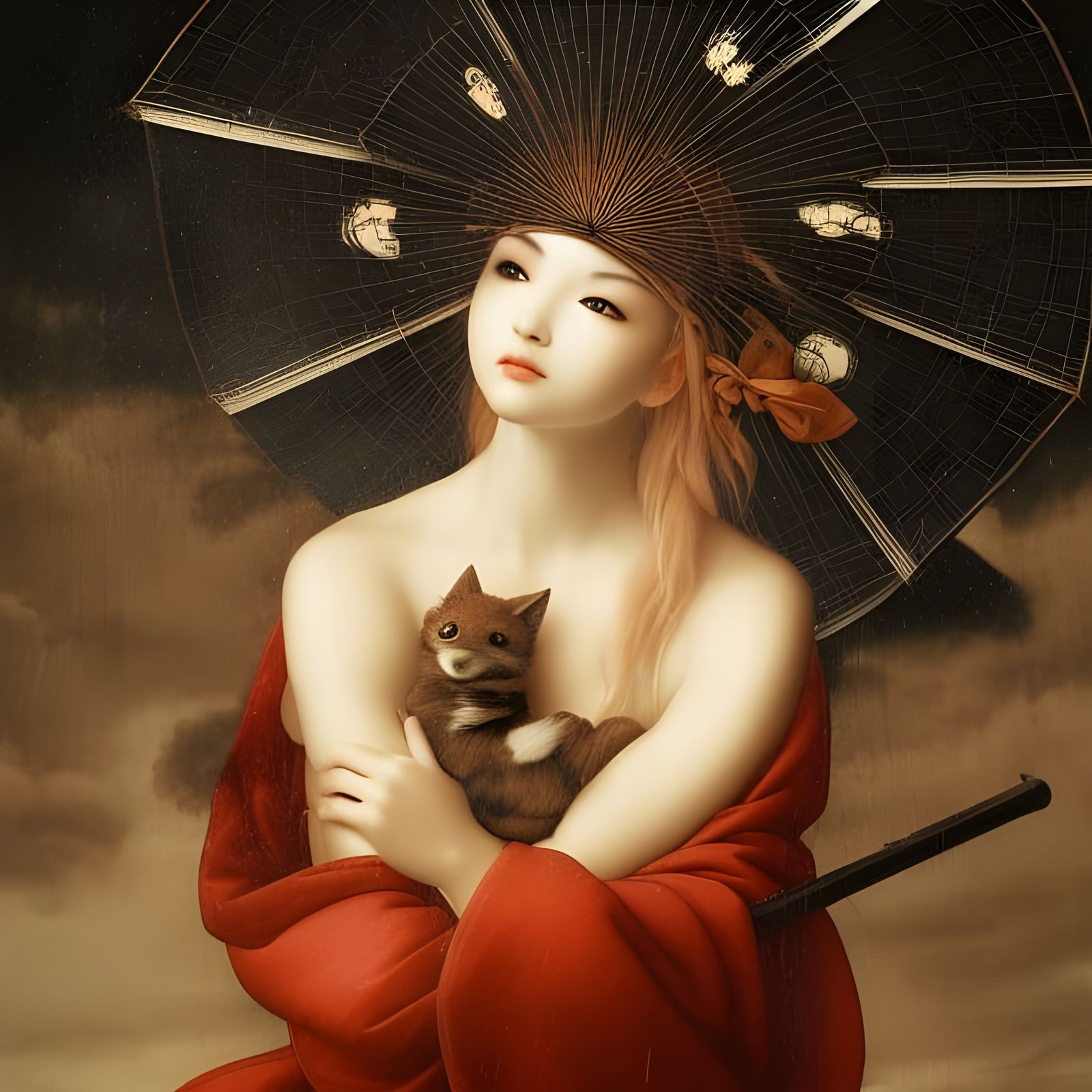 Monochrome Kitsune Portrait in Renaissance Style