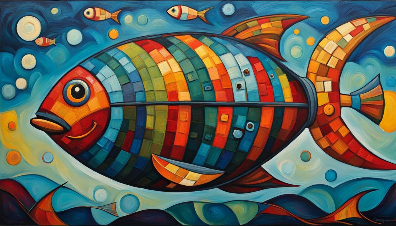 Cubist Fish Airship in Moonlit Sky