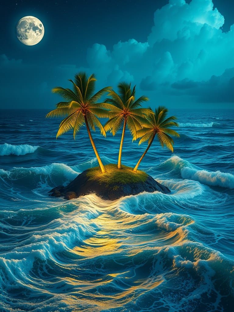 Surreal Tropical Oasis Thrives Under Celestial Lights