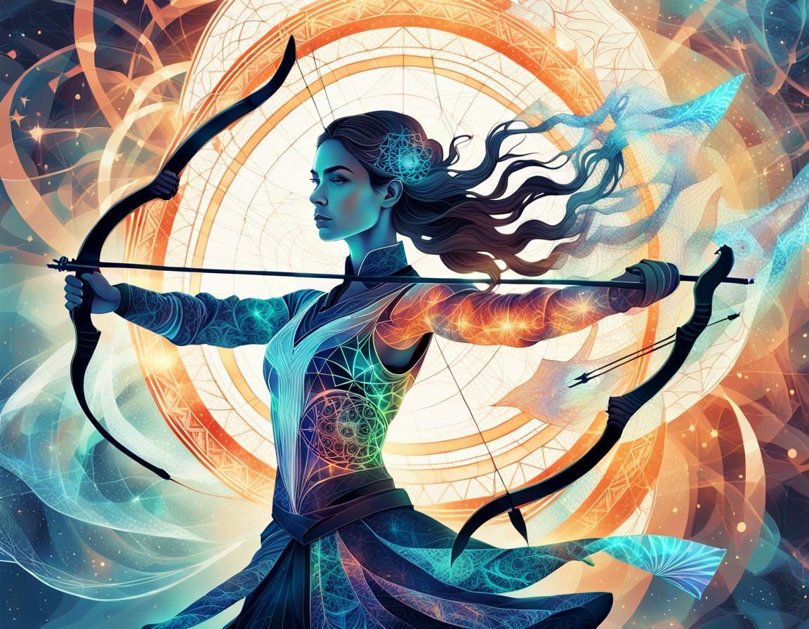 Determined woman warrior archer.