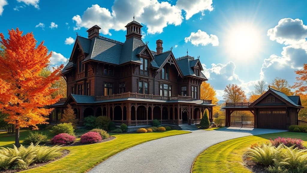 Victorian Mansion Amidst Vibrant, Sun-Kissed Trees