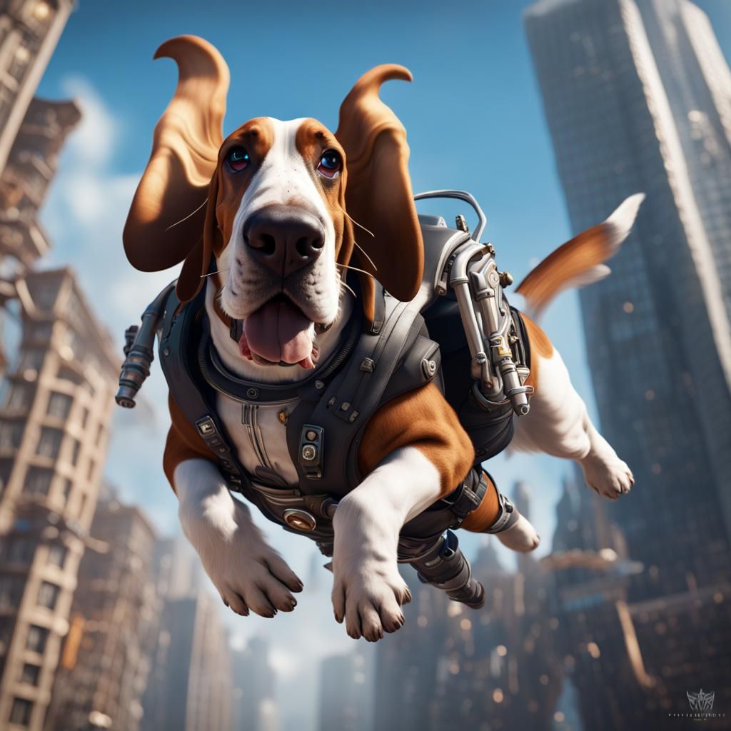 Basset Hound Soaring Above City with Jetpack